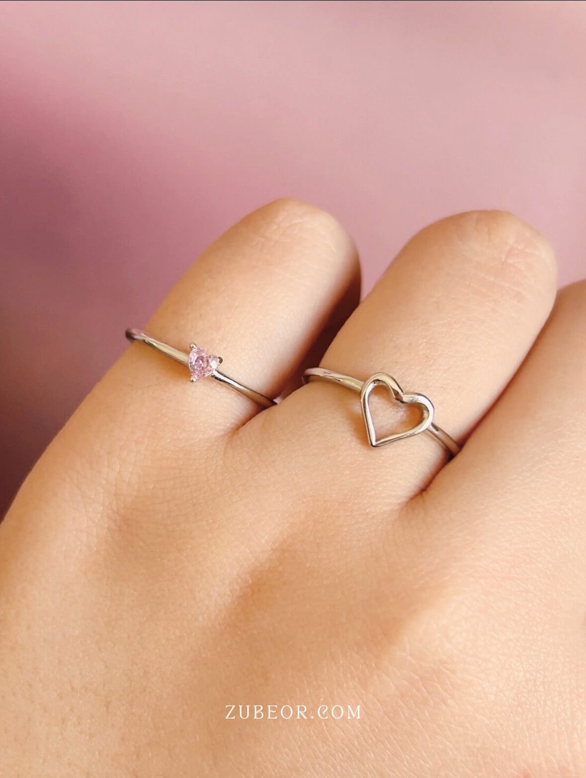 Set de anillo corazón cristal rosa 3