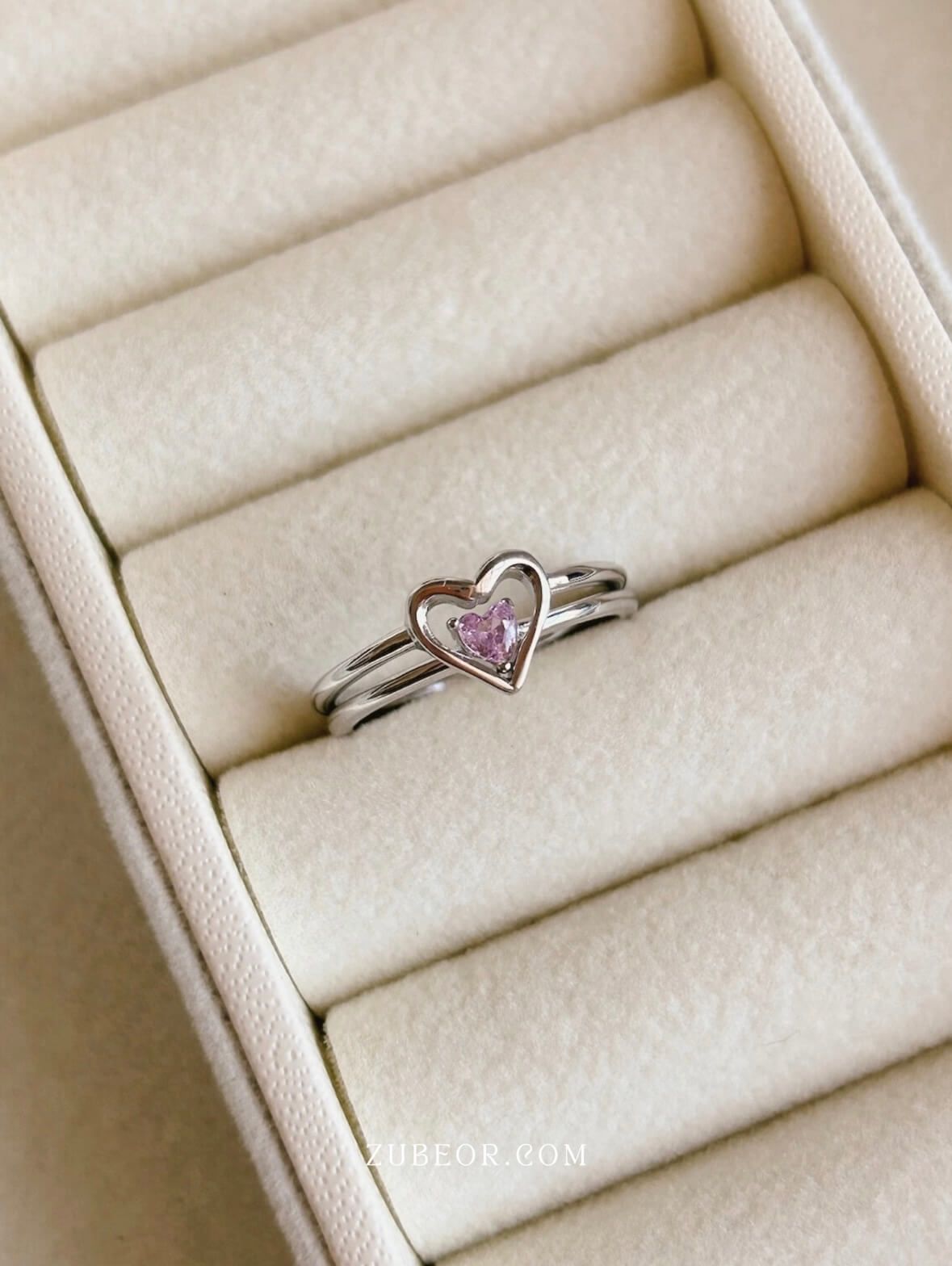 Set de anillo corazón cristal rosa 4