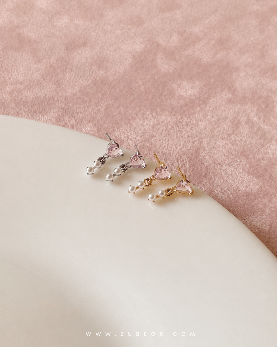 Aretes corazón rosado y perla 2