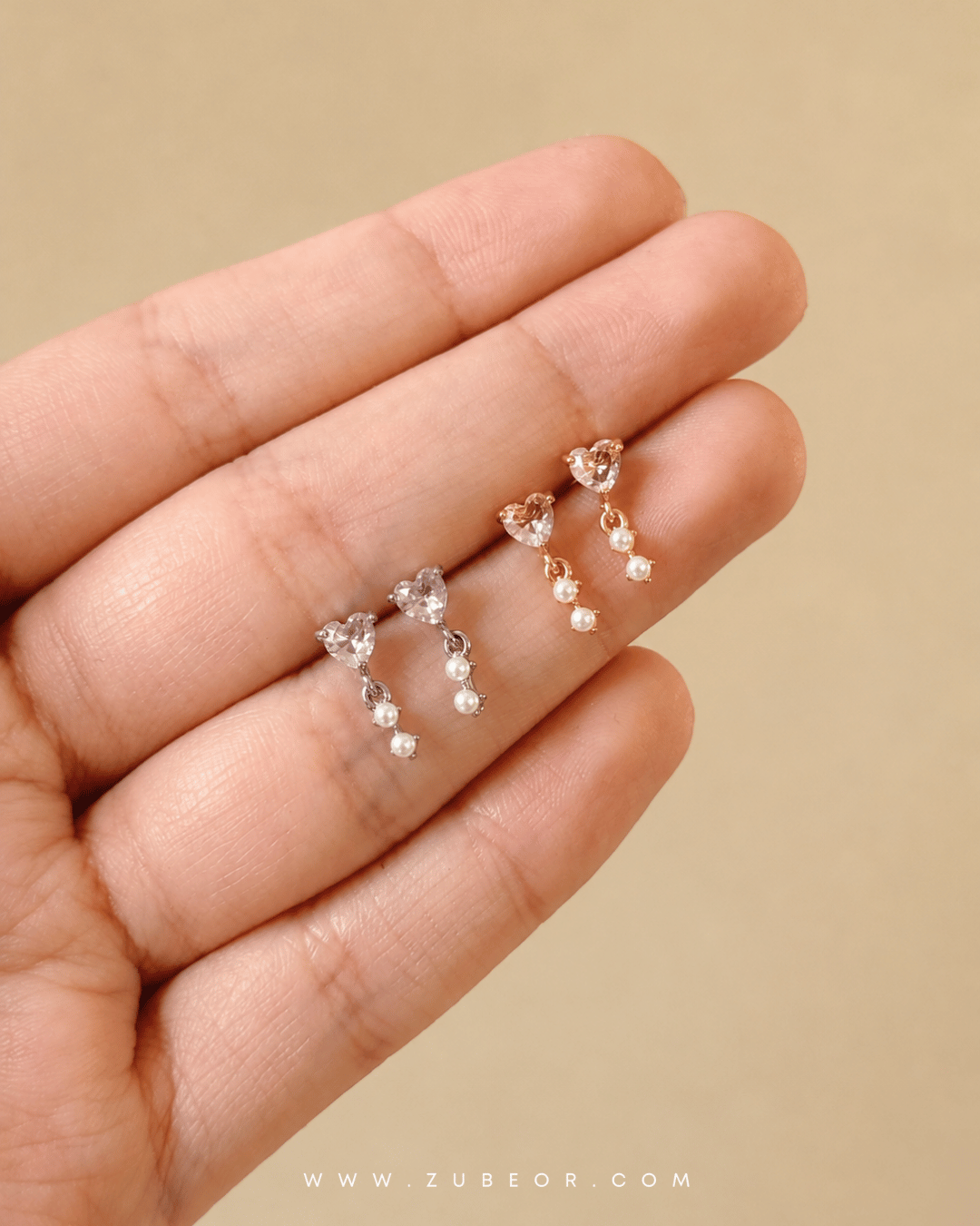 Aretes corazón rosado y perla