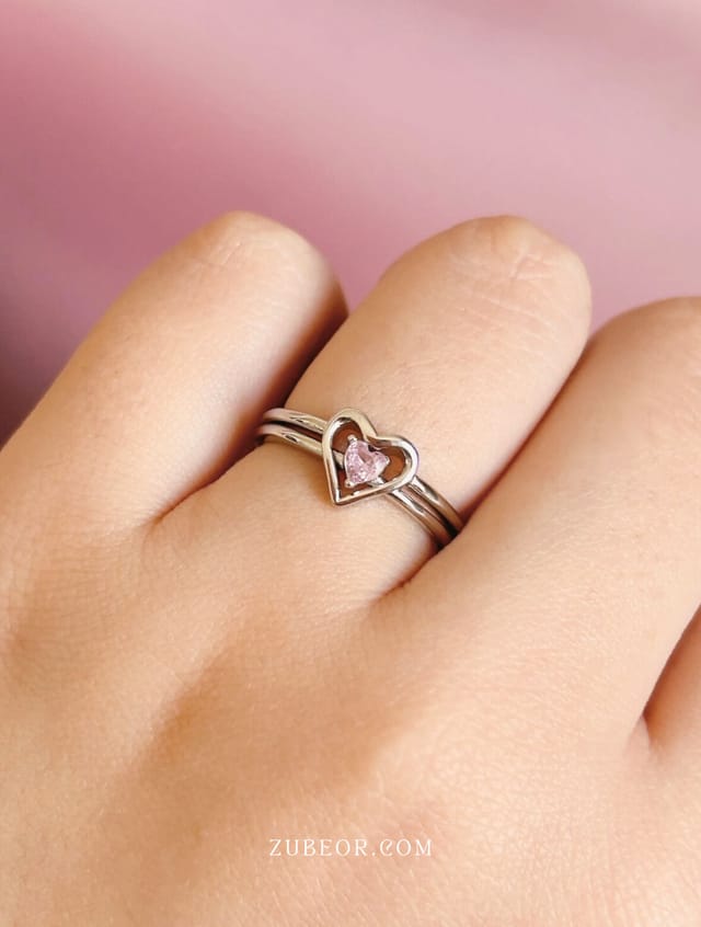 Set de anillo corazón cristal rosa