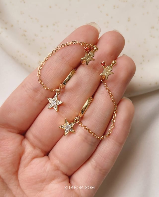 Aretes huggie con earcuff estrella y galleta jengibre
