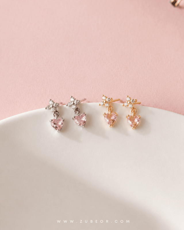 Aretes corazón rosado y flor