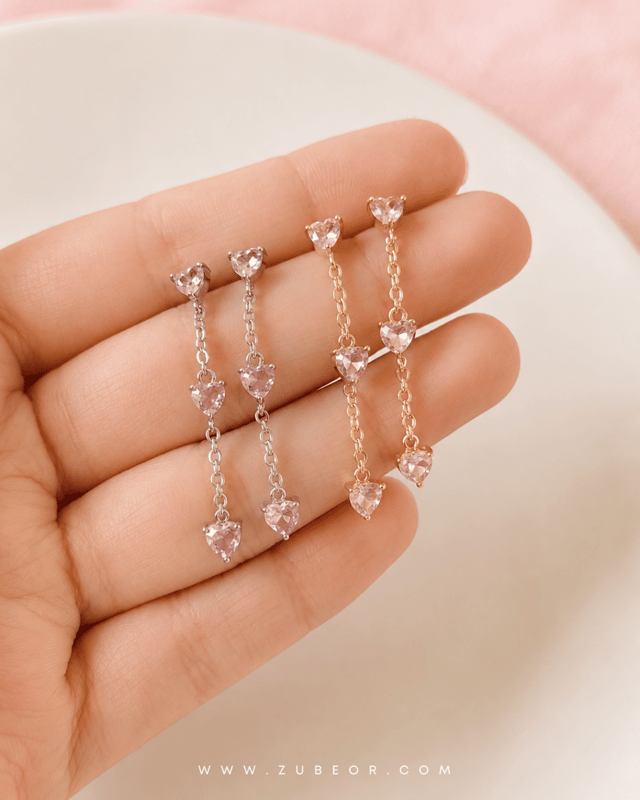 Aretes largos corazón rosado